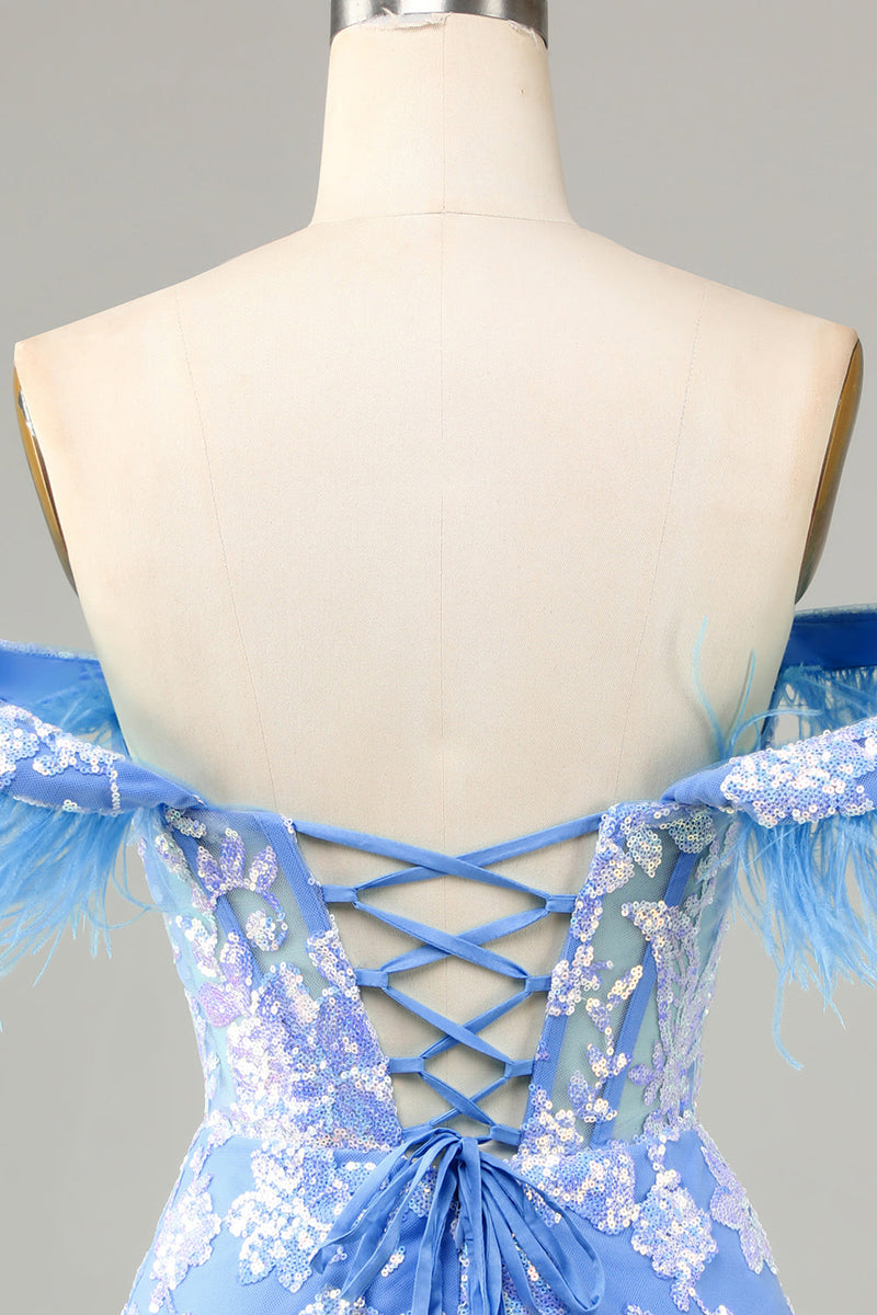 Load image into Gallery viewer, Gorgeous Sheath Off the Shoulder Blue Short Homecoming Dress with Feather