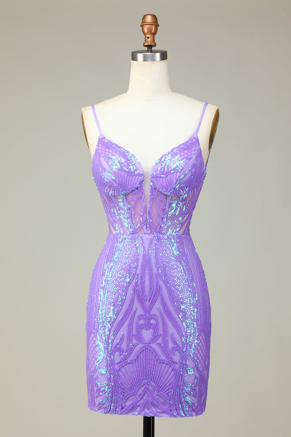 Stylish Lilac Sequins Corset Party Dress with Criss Cross Back