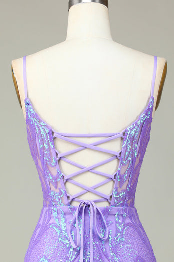 Stylish Lilac Sequins Corset Party Dress with Criss Cross Back