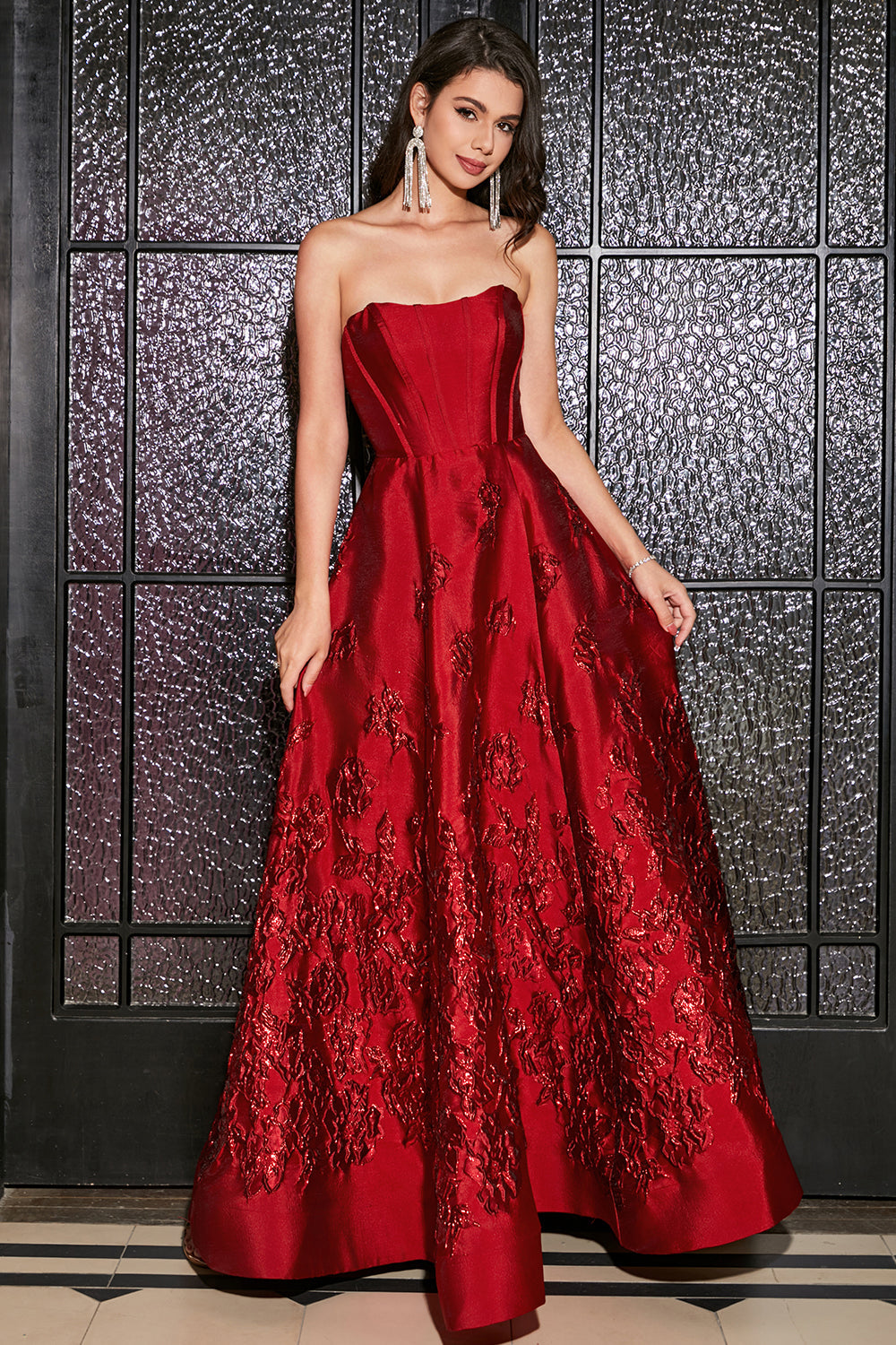 ZAPAKA Women Dark Red Prom Dress Elegant Princess A-Line Strapless Long Evening Dress with 3D Flowers ZAPAKA UK ZAPAKA Women Dark Red Prom Dress Elegant Princess A-Line Strapless Long Evening Dress with 3D Flowers ZAPAKA UK
