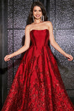 A-Line Strapless Elegant Princess Dark Red Long Prom Dress with 3D Flowers