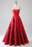 Elegant Princess A-Line Strapless Dark Red Long Prom Dress with 3D Flowers