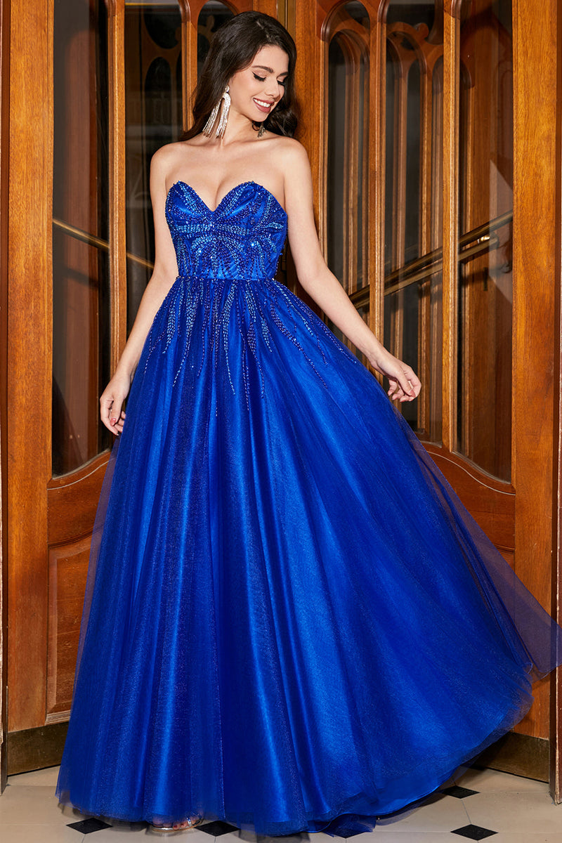 Load image into Gallery viewer, Royal Blue A-Line Sweetheart Long Beaded Prom Dress with Accessory