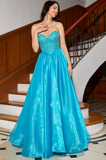 Blue A-Line Off The Shoulder Corset Beaded Prom Dress with Accessory