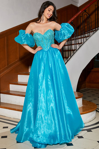 A-Line Blue Corset Prom Dress with Beading