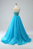 Load image into Gallery viewer, Blue Beaded Corset Prom Dress with Detachable Sleeves