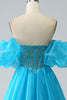 Load image into Gallery viewer, Blue Beaded Corset Prom Dress with Detachable Sleeves