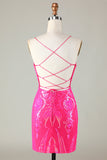 Trend Hot Pink Lace Up Tight Glitter Graduation Dress