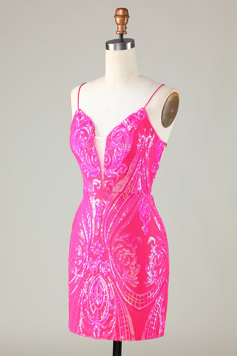 Load image into Gallery viewer, Trend Hot Pink Lace Up Tight Glitter Homecoming Dress