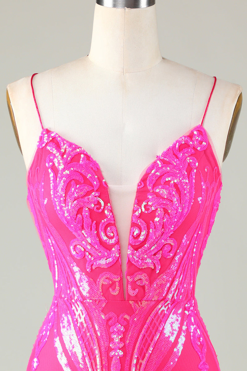 Load image into Gallery viewer, Trend Hot Pink Lace Up Tight Glitter Homecoming Dress