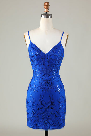 Sparkly Royal Blue Sequins Spaghetti Straps Tight Short Graduation Dress