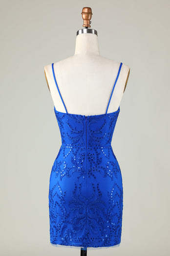 Sparkly Royal Blue Sequins Spaghetti Straps Tight Short Graduation Dress