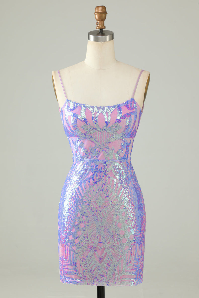 Load image into Gallery viewer, Sparkly Purple Sequin Backless Tight Short Homecoming Dress