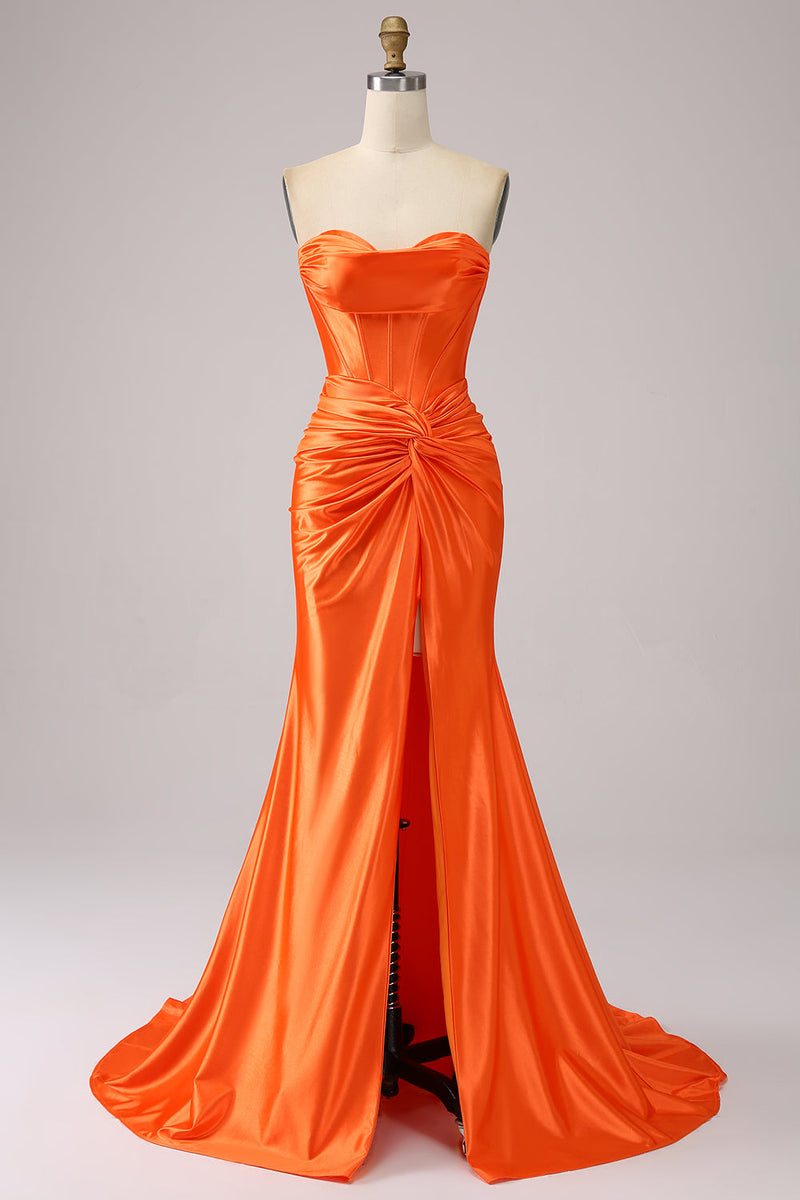 Load image into Gallery viewer, Orange Mermaid Sweetheart Corset Long Sparkly Prom Dress with Slit