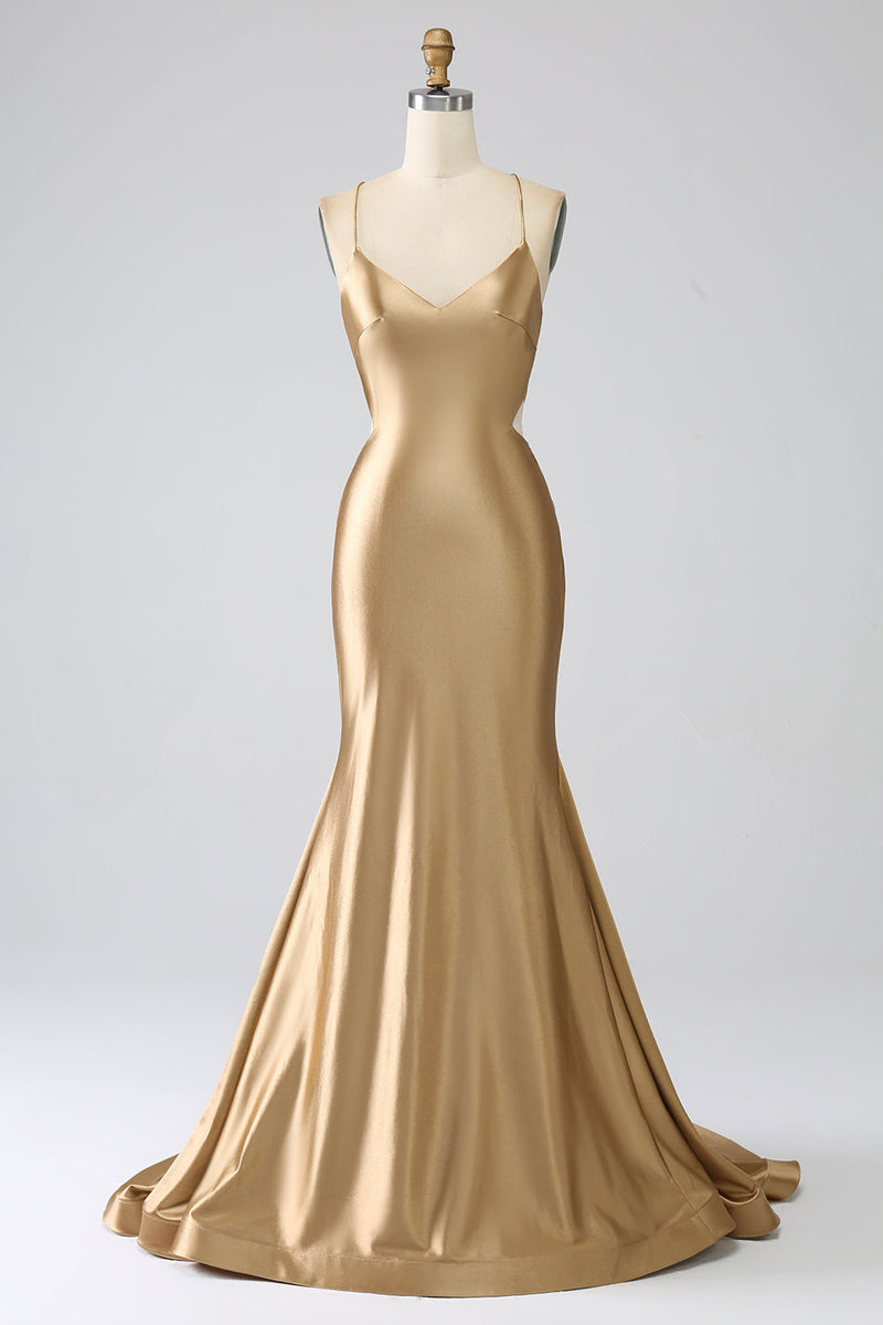Load image into Gallery viewer, Golden Mermaid Spaghetti Straps Satin Long Prom Dress with Lace-up Back