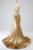 Load image into Gallery viewer, Golden Mermaid Spaghetti Straps Satin Long Prom Dress with Lace-up Back