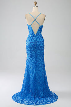 Blue Mermaid Spaghetti Straps Sequins Long Prom Dress