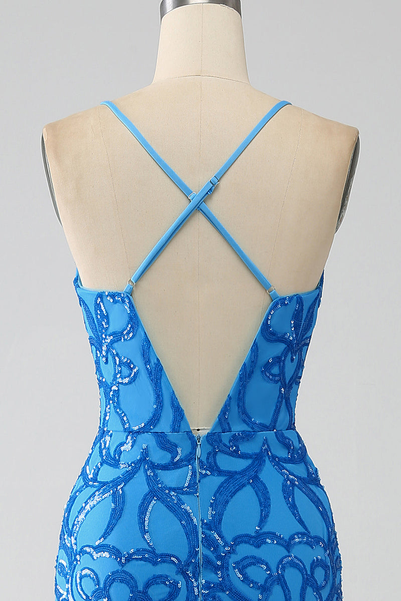 Load image into Gallery viewer, Blue Mermaid Spaghetti Straps Sequins Long Prom Dress