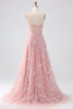 Load image into Gallery viewer, Sparkly Blush A Line Spaghetti Straps Sequin Corset Prom Dress With Slit