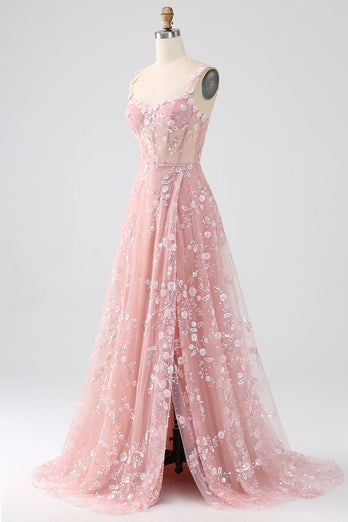 Sparkly Blush A Line Spaghetti Straps Sequin Corset Prom Dress With Slit