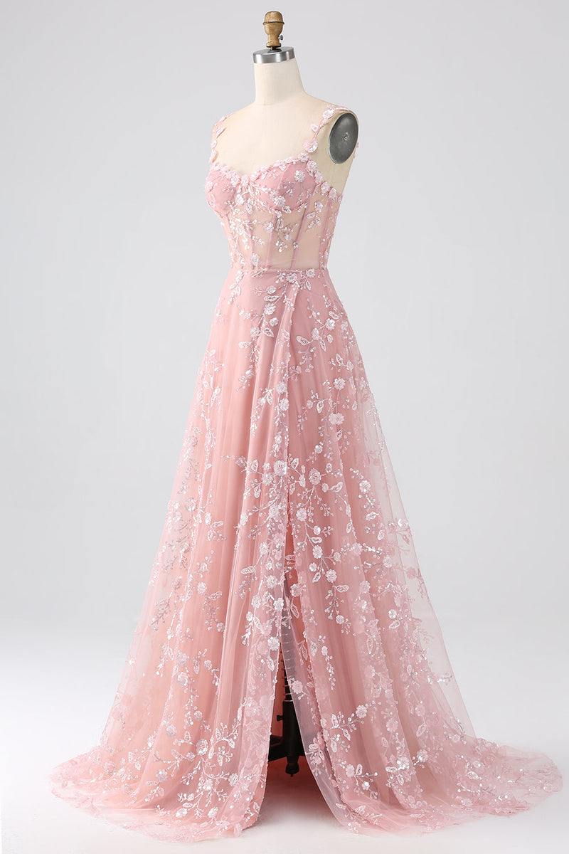 Load image into Gallery viewer, Sparkly Blush A Line Spaghetti Straps Sequin Corset Prom Dress With Slit