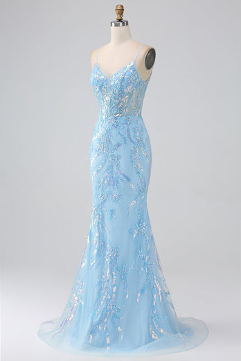 Sparkly Light Blue Mermaid Sequins Long Prom Dress