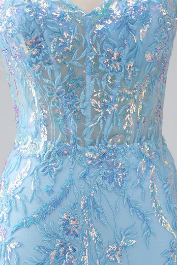 Sparkly Light Blue Mermaid Sequins Long Prom Dress