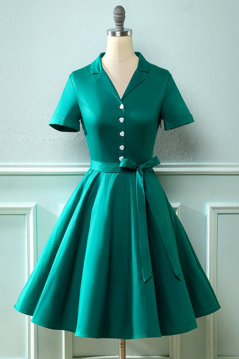 Load image into Gallery viewer, Navy V Neck 1950s Dress with Bowknot