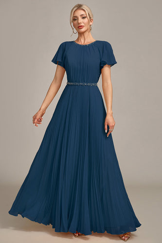 Navy A-Line Round Neck Pleated Mother of Bride Dress With Short Sleeves