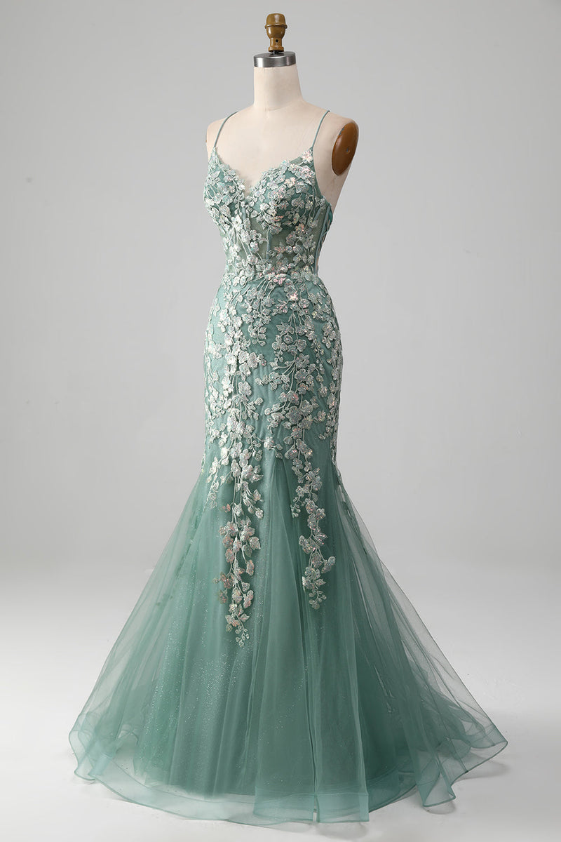 Load image into Gallery viewer, Mermaid Lace-Up Back Light Green Prom Dress with Appliques