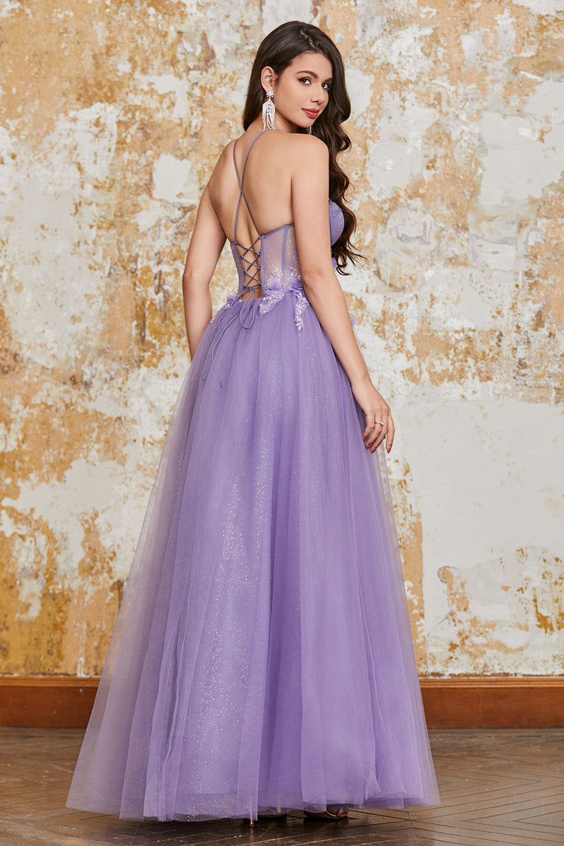Load image into Gallery viewer, A-Line Spaghetti Straps Purple Corset Prom Dress with 3D Flowers