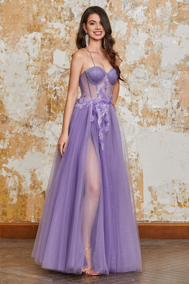 Load image into Gallery viewer, A-Line Spaghetti Straps Purple Corset Prom Dress with 3D Flowers