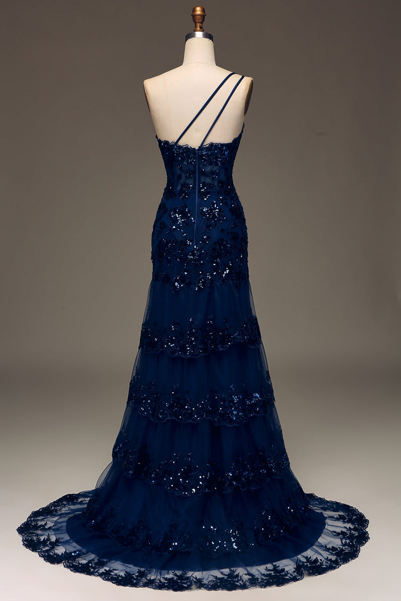 Load image into Gallery viewer, Sparkly Dark Navy Tiered Lace One Shoulder Long Prom Dress with Slit