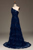 Load image into Gallery viewer, Sparkly Dark Navy Tiered Lace One Shoulder Long Prom Dress with Slit
