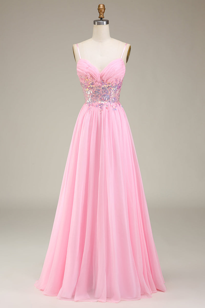 Load image into Gallery viewer, Pink Corset Spaghetti Straps A-line Prom Dress with Pleated