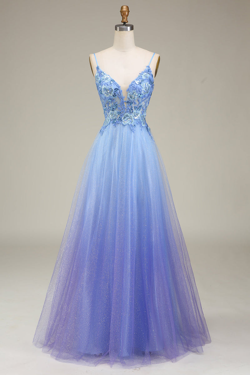 Load image into Gallery viewer, Spakly Blue Tulle Prom Dress with Appliques