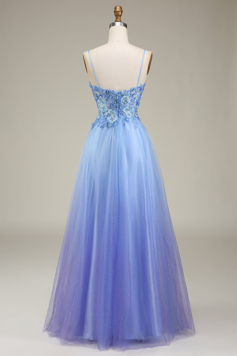 Load image into Gallery viewer, Spakly Blue Tulle Prom Dress with Appliques