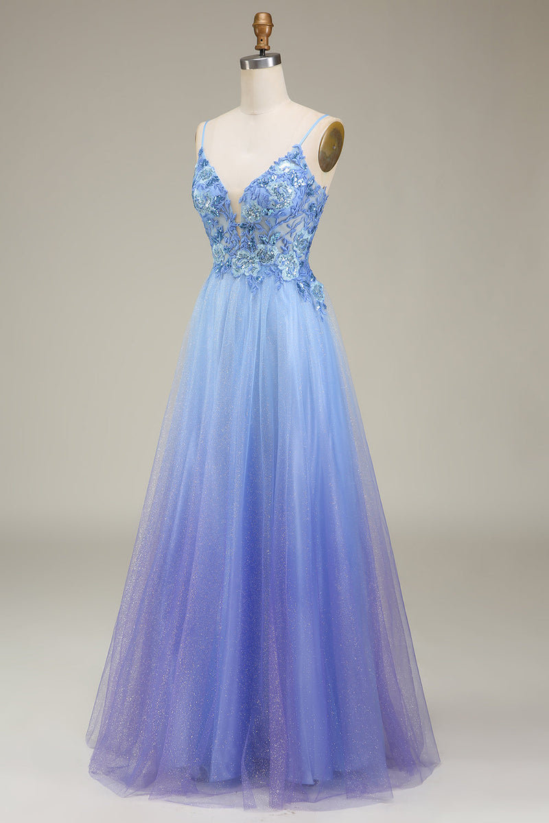 Load image into Gallery viewer, Spakly Blue Tulle Prom Dress with Appliques