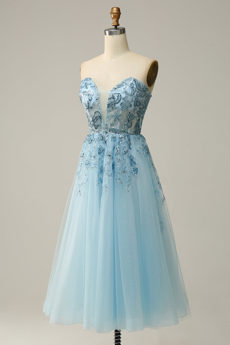 Load image into Gallery viewer, A Line Midi Sweetheart Sequins Sky Blue Prom Dress