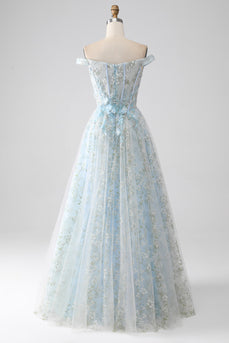 Light Blue A-Line Off the Shoulder Long Corset Prom Dress