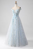 Light Blue A-Line Off the Shoulder Long Corset Prom Dress