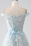 Light Blue A-Line Off the Shoulder Long Corset Prom Dress