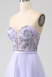 Lavender A Line Tulle Corset Prom Dress with Slit