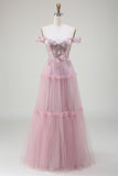 Off the Shoulder Tulle Pink Prom Dress with Appliques