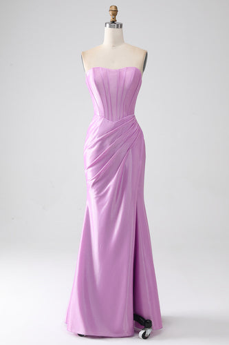 Strapless Purple Mermaid Corset Prom Dress with Pleated