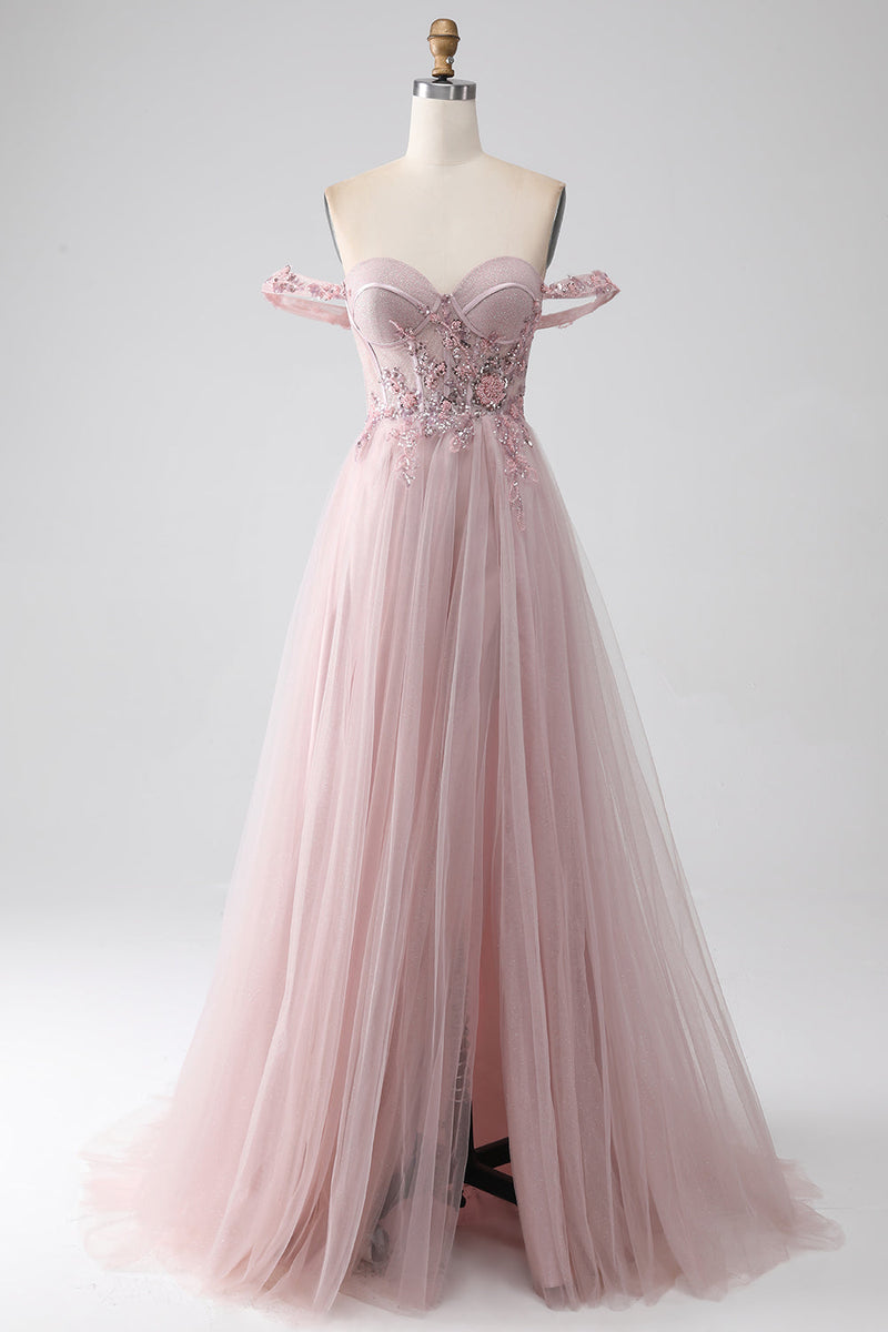 Load image into Gallery viewer, Off the Shoulder A Line Beaded Prom Dress with Slit