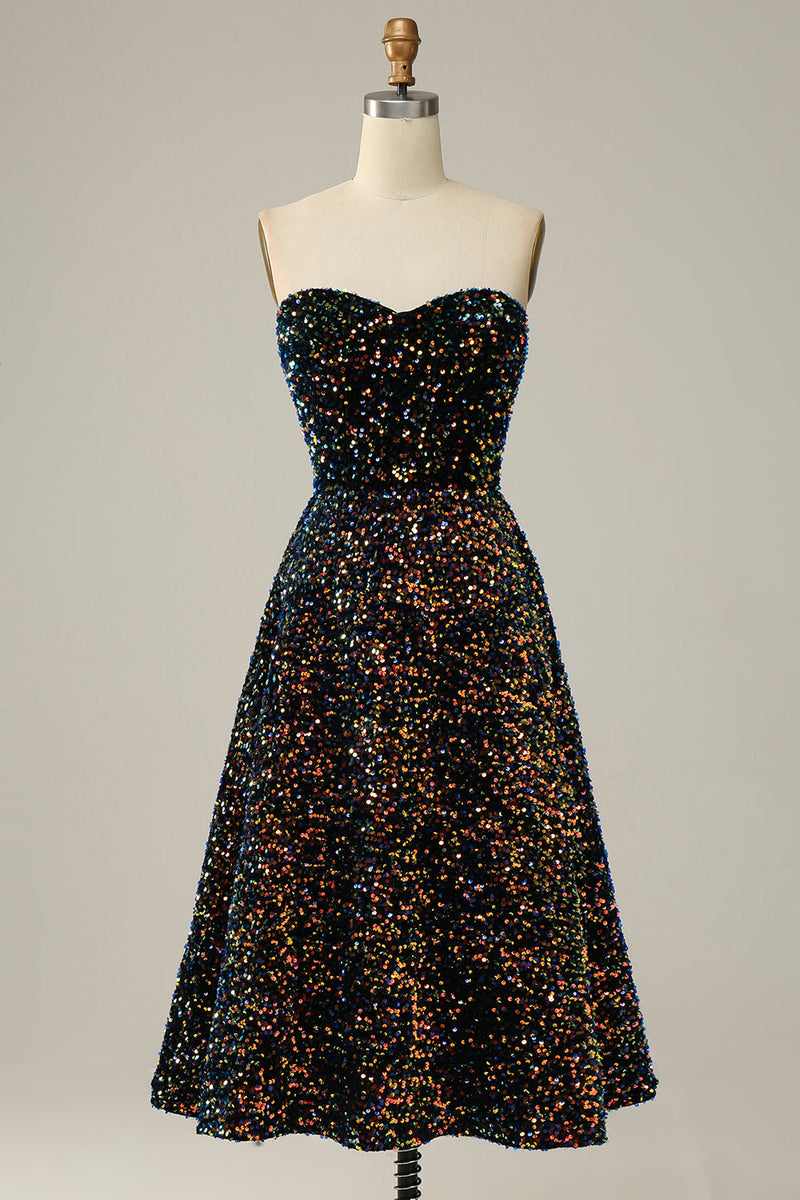 Load image into Gallery viewer, A Line Sweetheart Black Sequins Midi Prom Dress