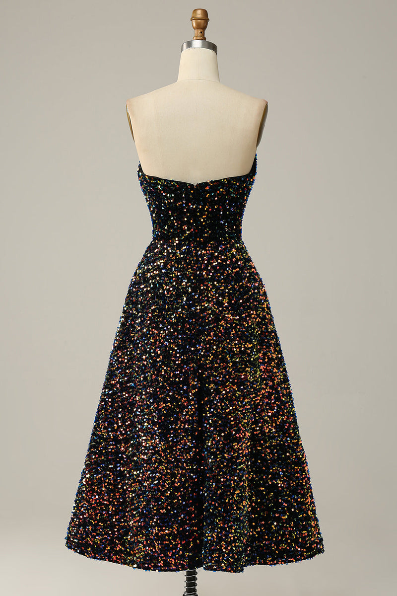Load image into Gallery viewer, A Line Sweetheart Black Sequins Midi Prom Dress