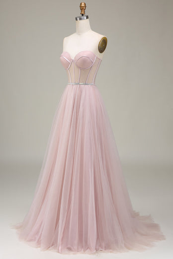 Tulle Sweetheart Light Pink Corset Prom Dress