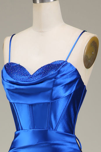 Royal Blue Spaghetti Straps Mermaid Long Prom Dress With Slit